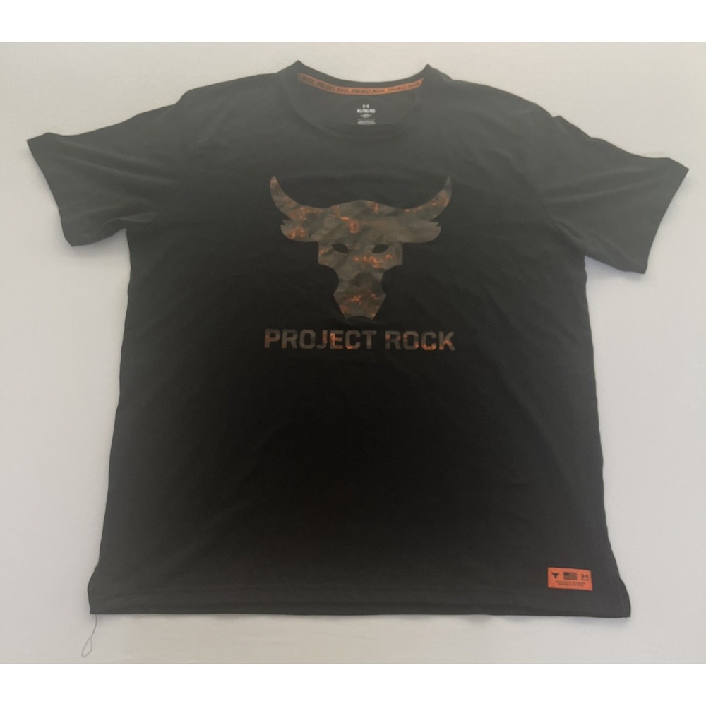 Under Armour Project Rock Black T Shirt Sz XL Brahma Bull Orange Camo Heat Gear